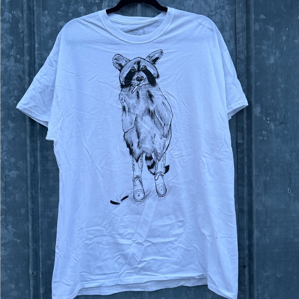 White T-Shirt with Raccoon Graphic